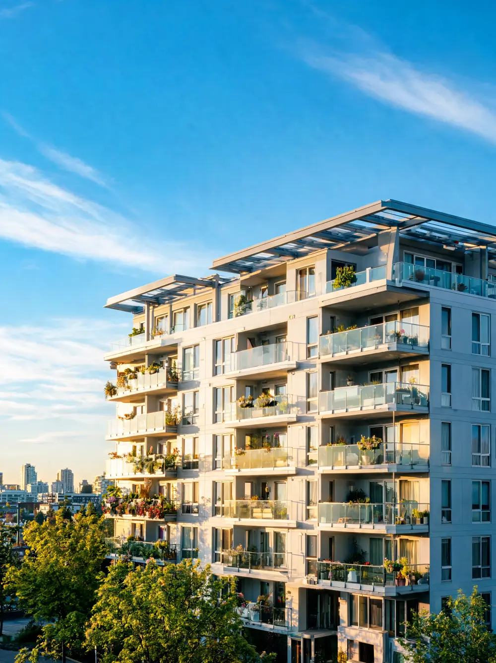 Modern apartment building with plant-filled balconies at golden hour